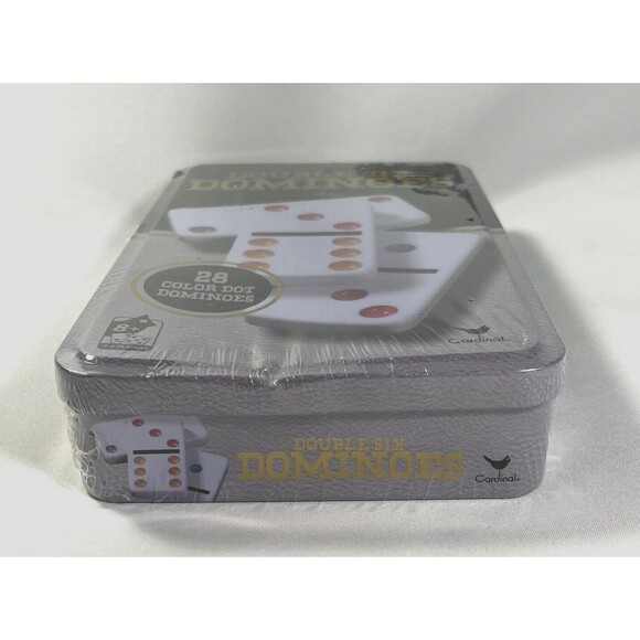 Double Six Dominoes 28 Color Dot Dominoes New Factory Sealed Storage Tin - Picture 3 of 11